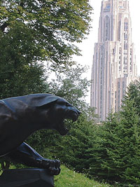 Pitt pather statue and the Cathedral of Learning