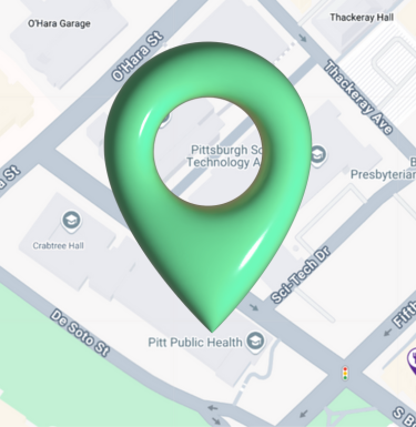 Map showing Pitt Public Health in Oakland with large location icon overlaid