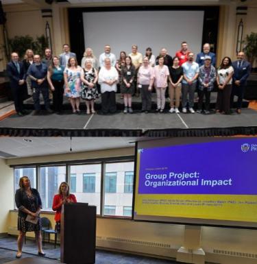 Top part of image: Two rows of Pitt employees standing and smiling while being recognized for their years of service during a ceremony. Bottom image is two women presenting a capstone project on organizational impact.