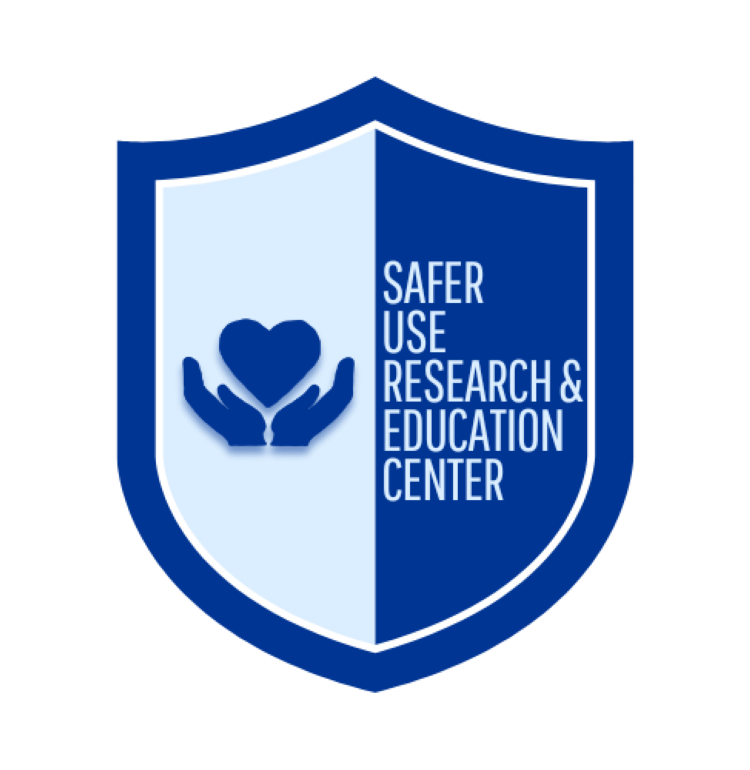 animated hands holding heart shape with Safer Use Research Education Center together in a shield