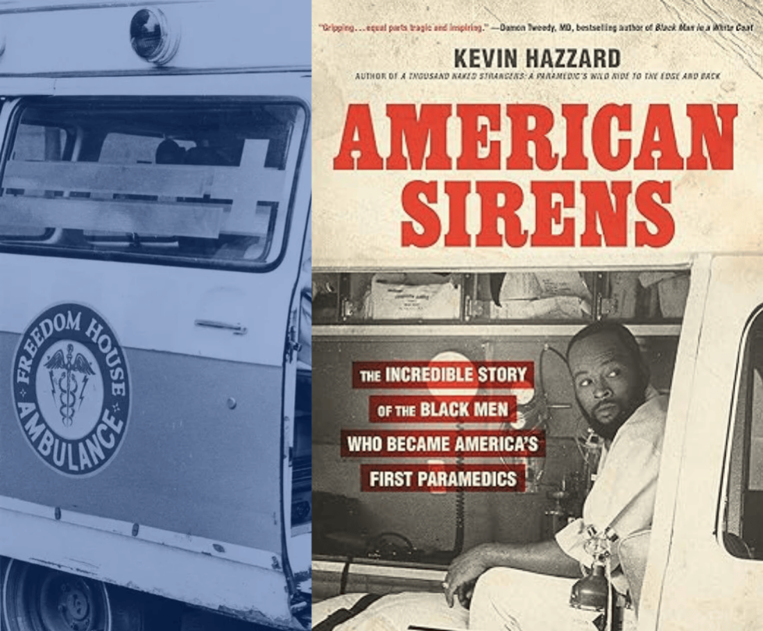 Book cover and original photo in the background - John Moon on Freedom House ambulance